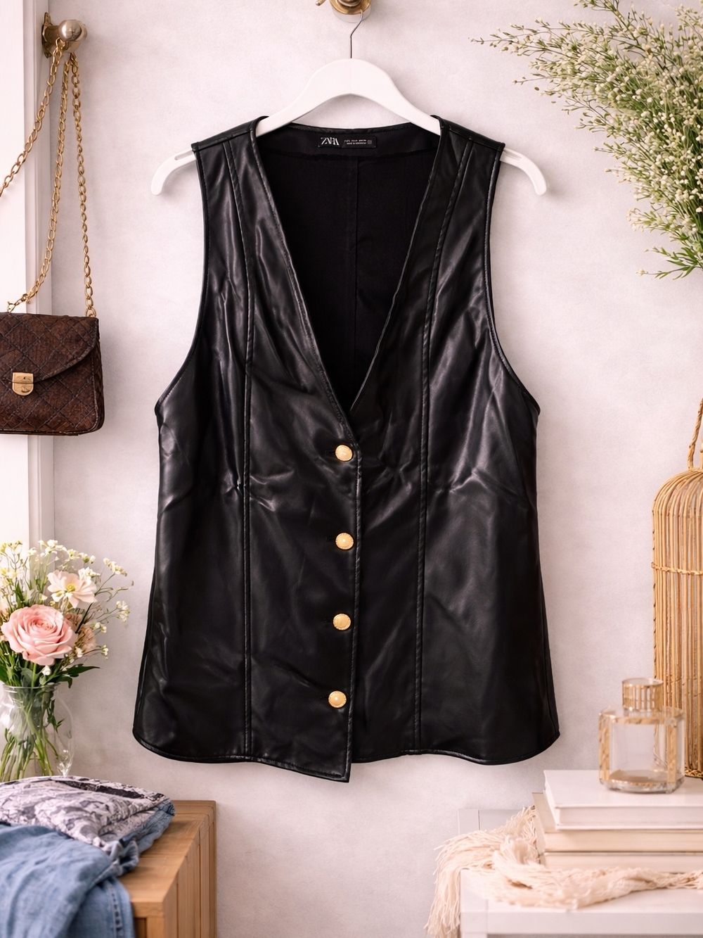 Zara Faux Leather Vest Black Gold Button Sleeveless Top L
